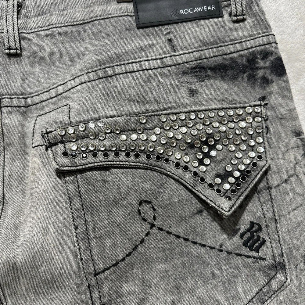 Rocawear Men's Size‎ 40X30 Gray Bleach Denim Rhinestone Pocket Jeans Streetwear